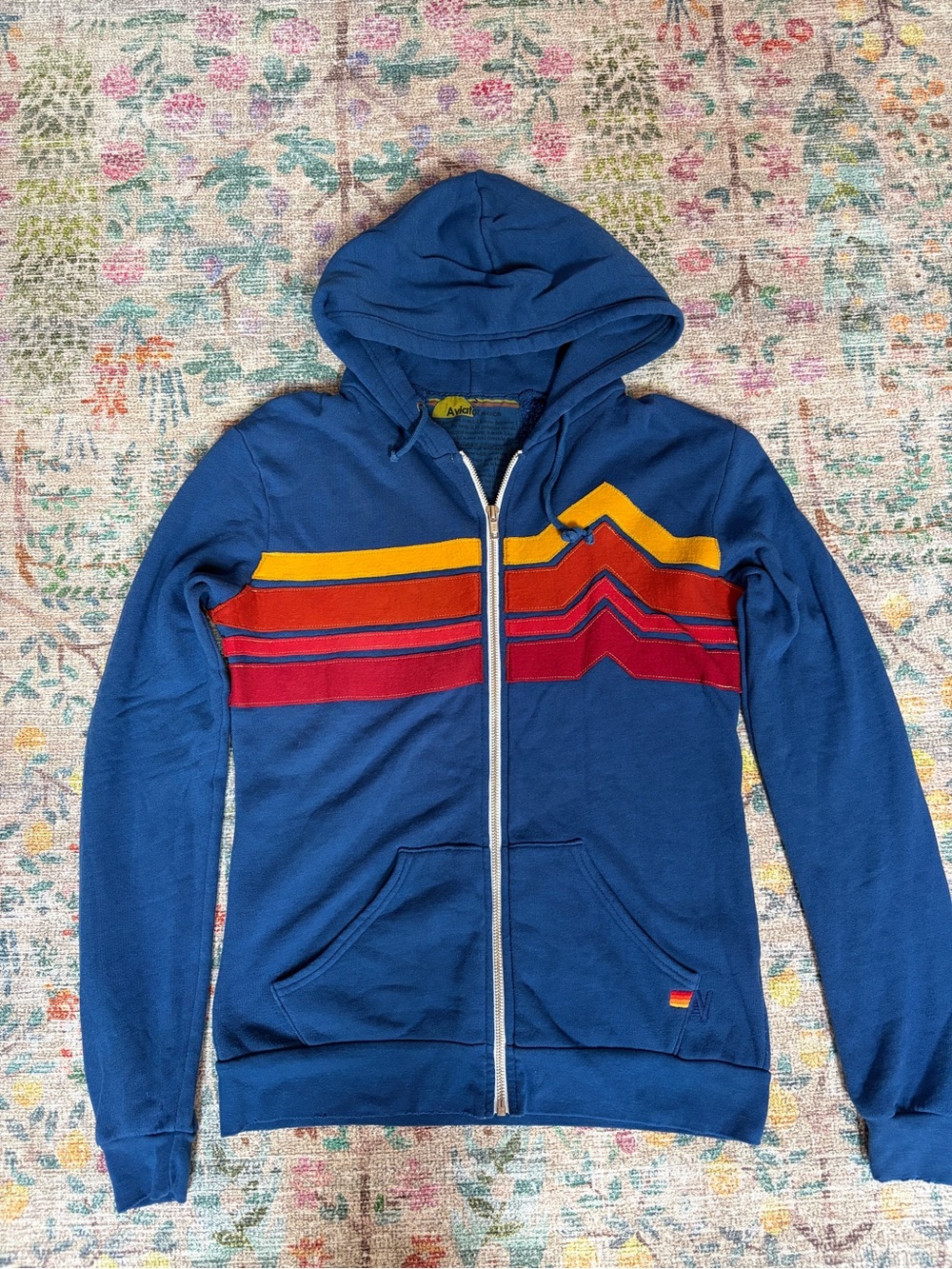 Aviator Nation Blue Zip-Up Hoodie Red Yellow Stripes SMALL